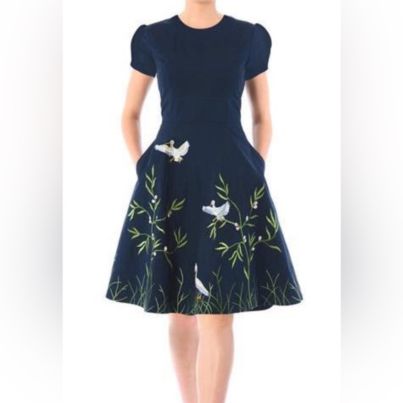 Poplin dress with embroidered birds across the bottom of the dress and the back - Picture 1 of 4